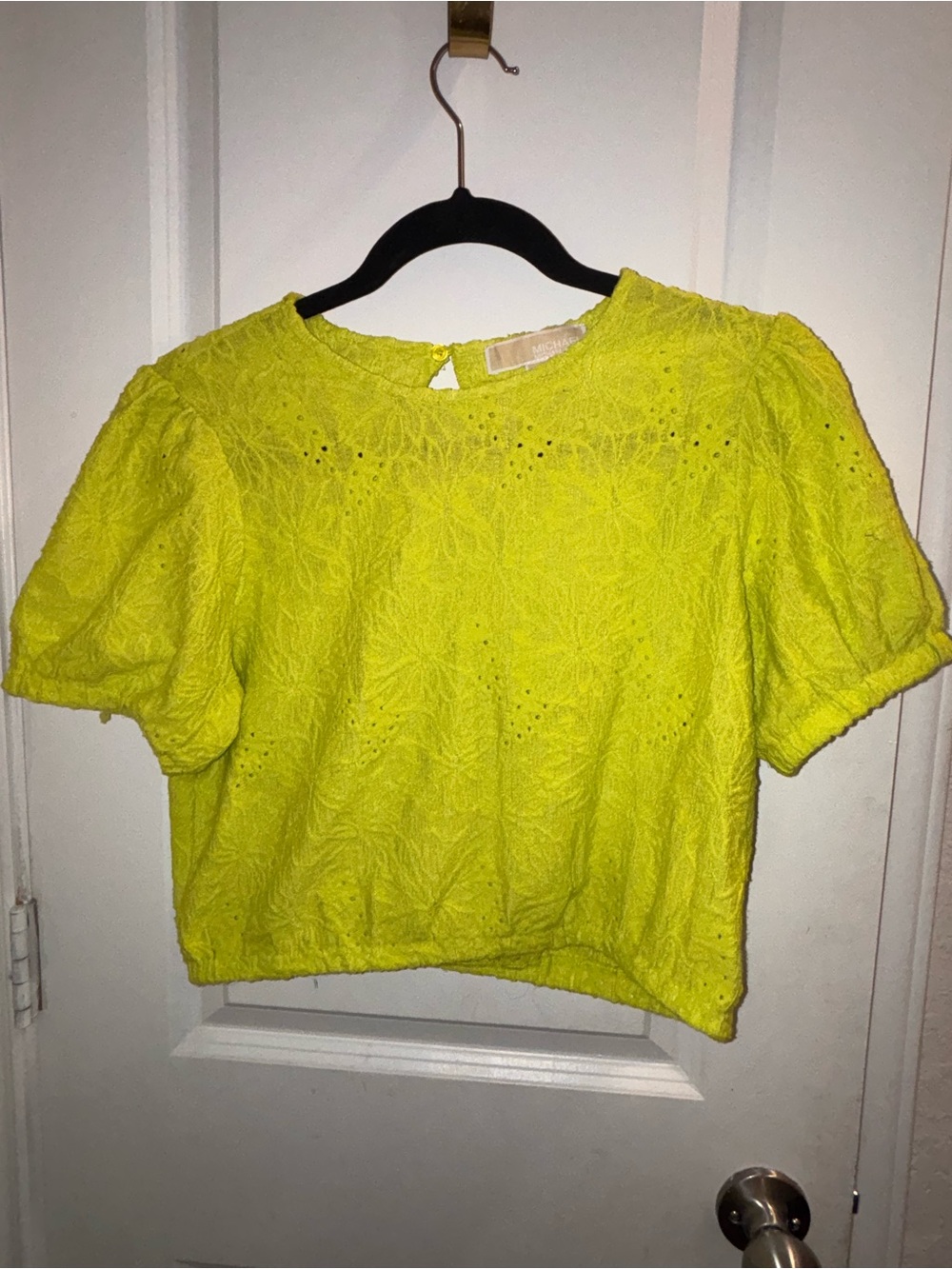 Michael Kors Lace Eyelet Short Sleeve Crop Top - Neon Yellow